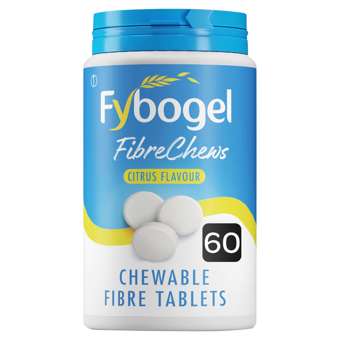 Fybogel FibreChews Citrus Flavour tub with blue label, showing 60 chewable fibre tablets on white background.
