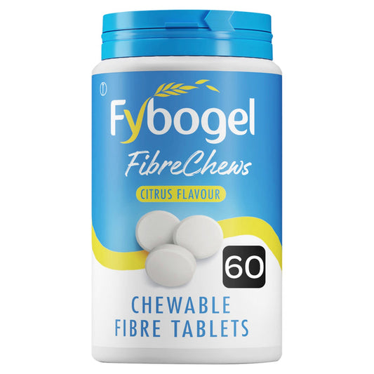 Fybogel FibreChews Citrus Flavour tub with blue label, showing 60 chewable fibre tablets on white background.