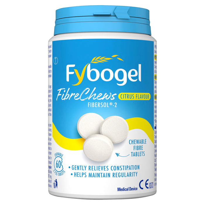 Fybogel FibreChews Citrus Flavour tub with blue label, 60 chewable fibre tablets, white background