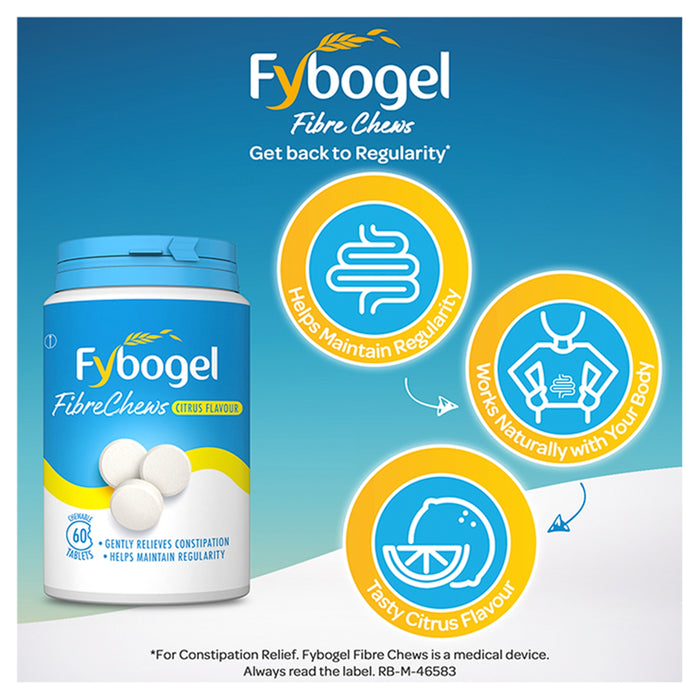 Fybogel FibreChews Citrus Flavour 60 tablets tub on blue background with three yellow benefit icons