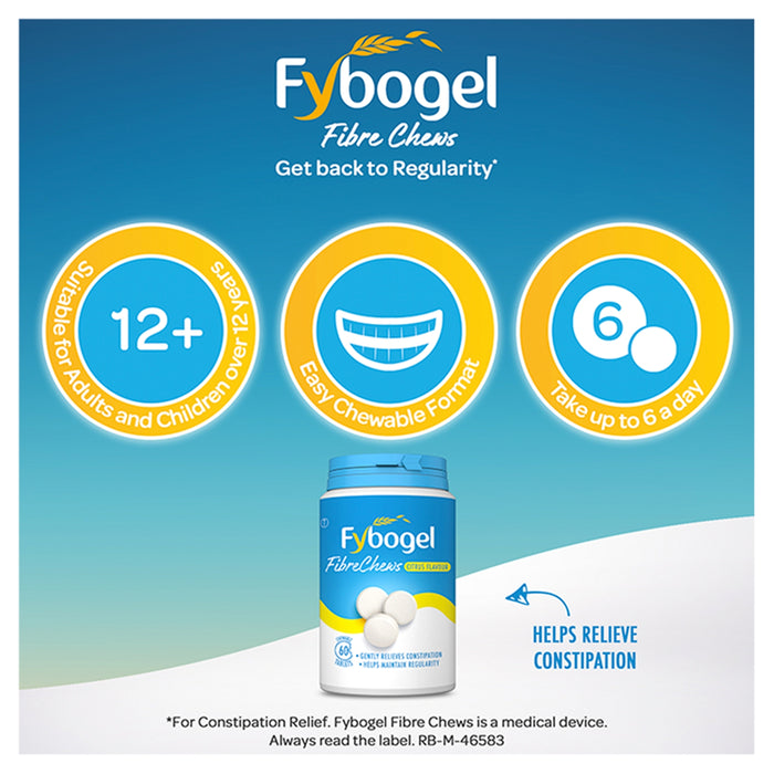Fybogel FibreChews Citrus Flavour 60 tablets tub on blue background, showing 12+, easy chewable format, take up to 6 a day icons.