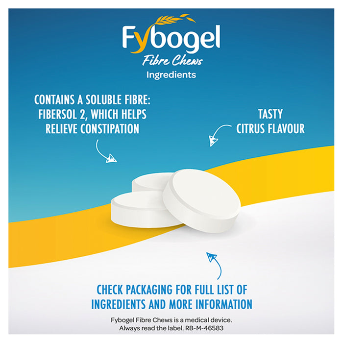 Fybogel FibreChews Citrus Flavour tablets on blue and yellow background, showing two white chewable tablets with ingredient information text.