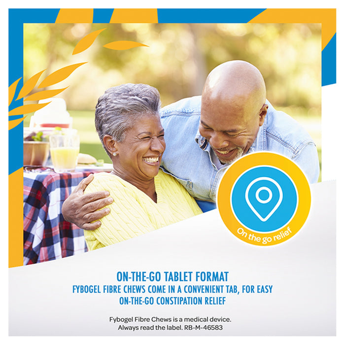Fybogel FibreChews on-the-go tablet format ad; couple smiling outdoors, blue/gold border, white base, "On the go relief" badge.