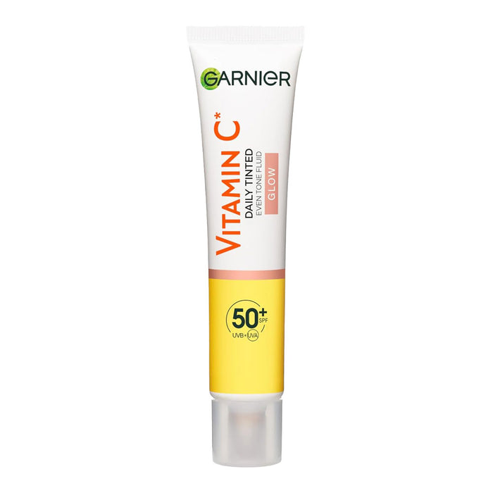 Garnier Vitamin C Daily Tinted Even Tone Fluid SPF 50+ Glow unboxed brightening facial sunscreen with tint