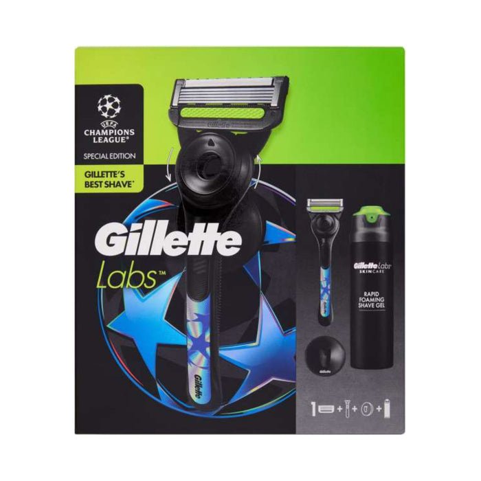 Gillette Labs Champions League 3 Piece Set box on white background, razor, shave gel, stand, UEFA Special Edition green and black packaging