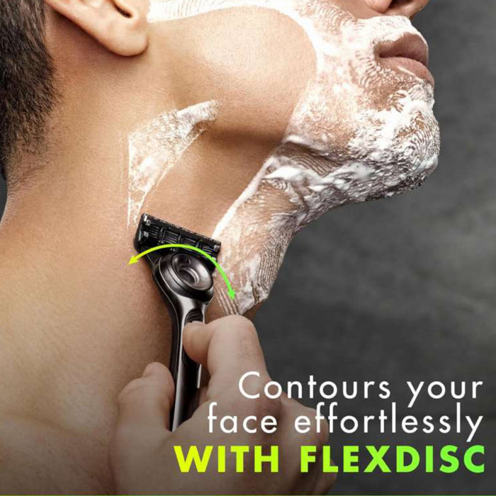 Gillette Labs Champions League 3 Piece Set razor on foam-covered face, text reads "Contours your face effortlessly WITH FLEXDISC", grey background