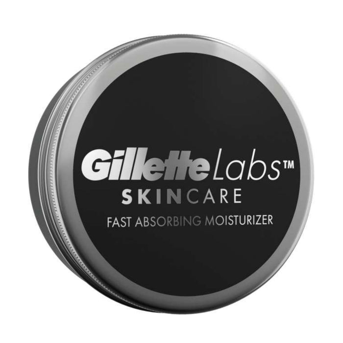 Gillette Labs Fast Absorbing Moisturiser tin with black lid and silver rim on white background, labelled "Skincare Fast Absorbing Moisturizer"