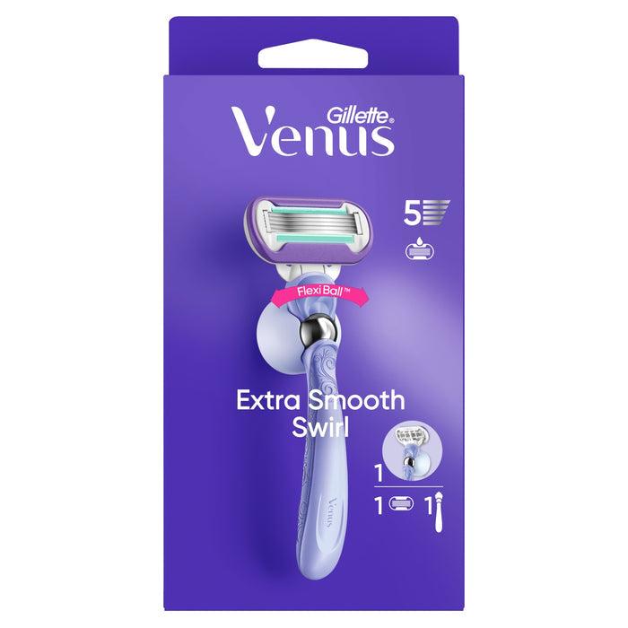 Gillette Venus Extra Smooth Swirl razor in purple packaging with FlexiBall handle, 5-blade head, on white background.