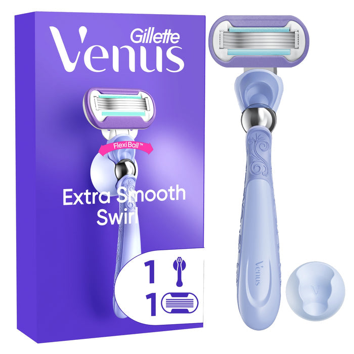 Gillette Venus Extra Smooth Swirl razor with purple box, light blue handle, FlexiBall, 5-blade cartridge, and razor cover on white background.