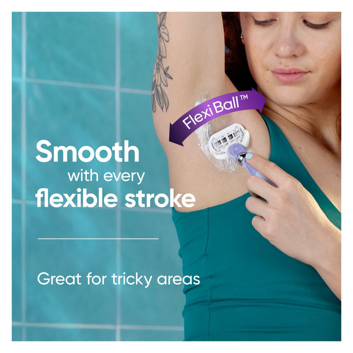 Gillette Venus Extra Smooth Swirl Razor used on underarm, teal background, text: "FlexiBall™ Smooth with every flexible stroke. Great for tricky areas"
