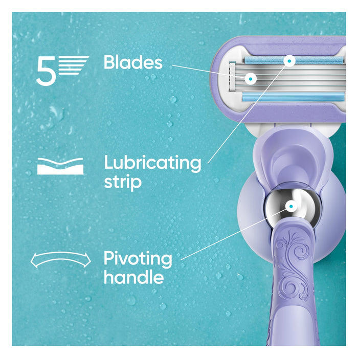 Gillette Venus Extra Smooth Swirl Razor in purple on teal background, labelled 5 blades, lubricating strip, pivoting handle.