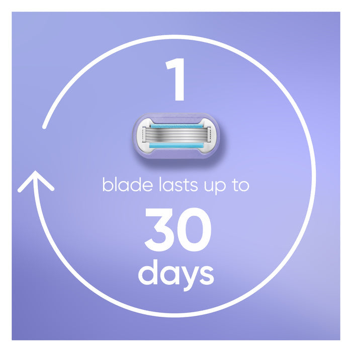 Gillette Venus Extra Smooth Swirl razor blade cartridge on purple background, text reads "1 blade lasts up to 30 days"