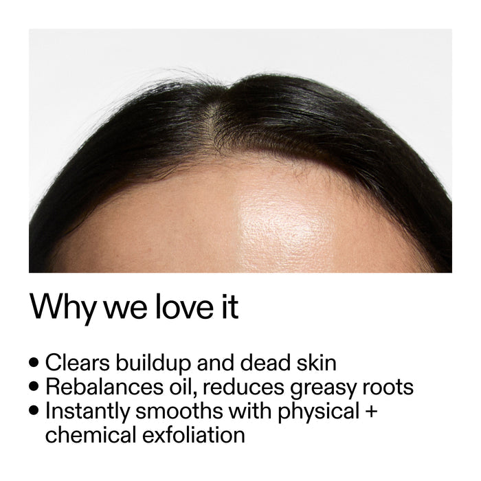Close-up of a person's scalp with text highlighting Glycolic Acid Exfoliating Scalp Scrub  benefits.