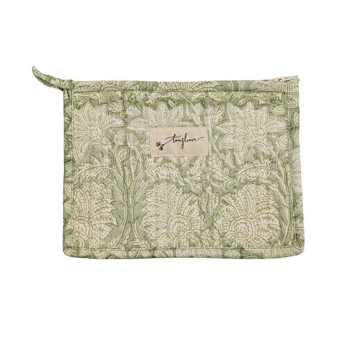 Green Floral Block Print Quilted Medium Pouch Purse - Precious Sparkle