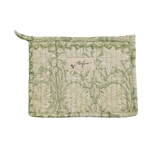 Green Floral Block Print Quilted Medium Pouch Purse - Precious Sparkle