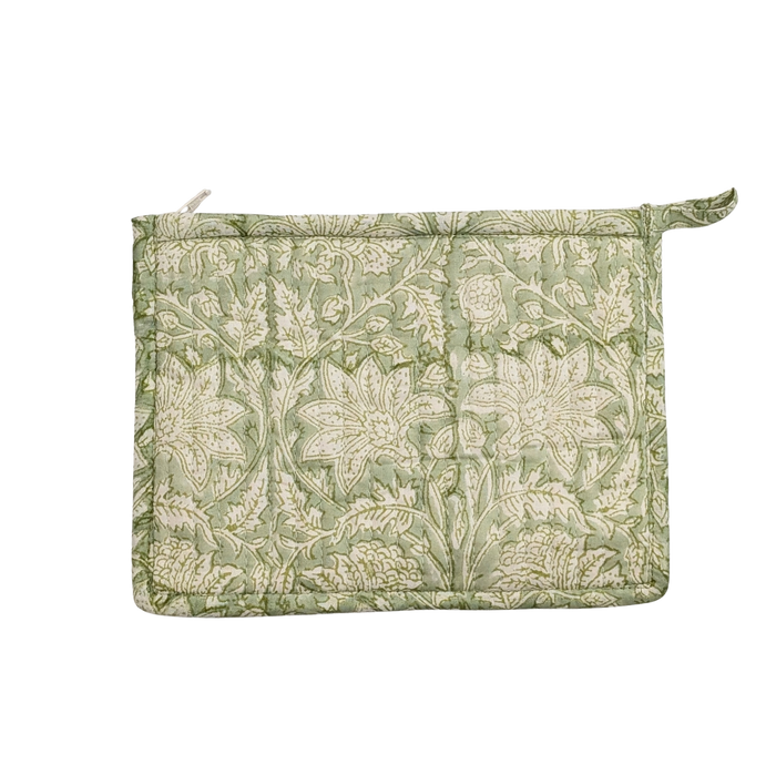 Green Floral Block Print Quilted Medium Pouch Purse - Precious Sparkle