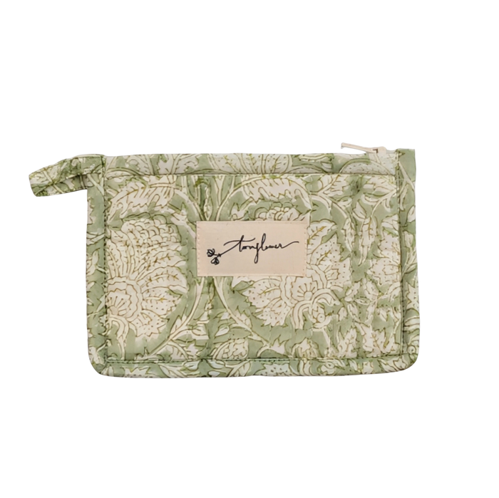 Green Floral Block Print Quilted Small Pouch Purse - Precious Sparkle