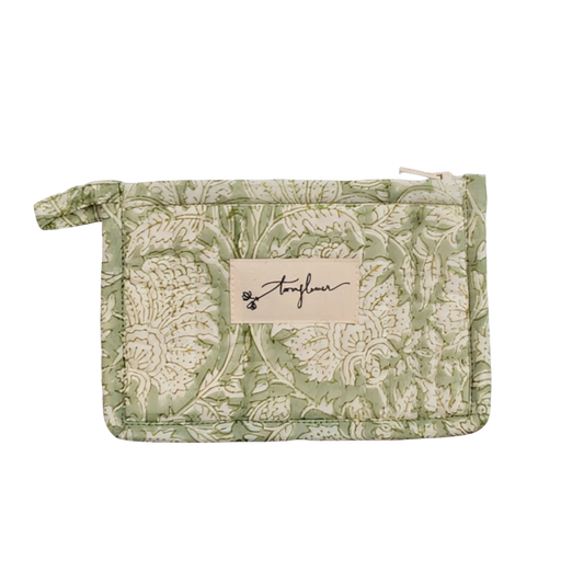 Green Floral Block Print Quilted Small Pouch Purse - Precious Sparkle