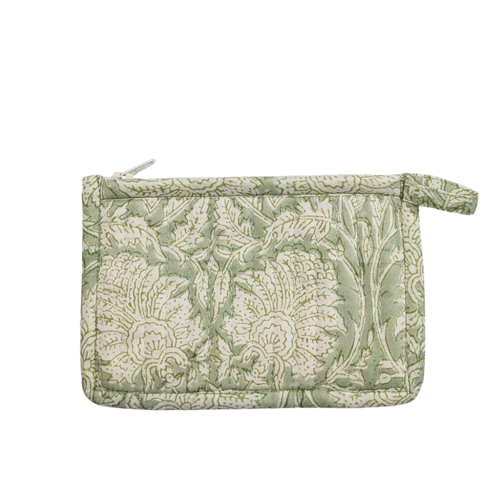 Green Floral Block Print Quilted Small Pouch Purse - Precious Sparkle