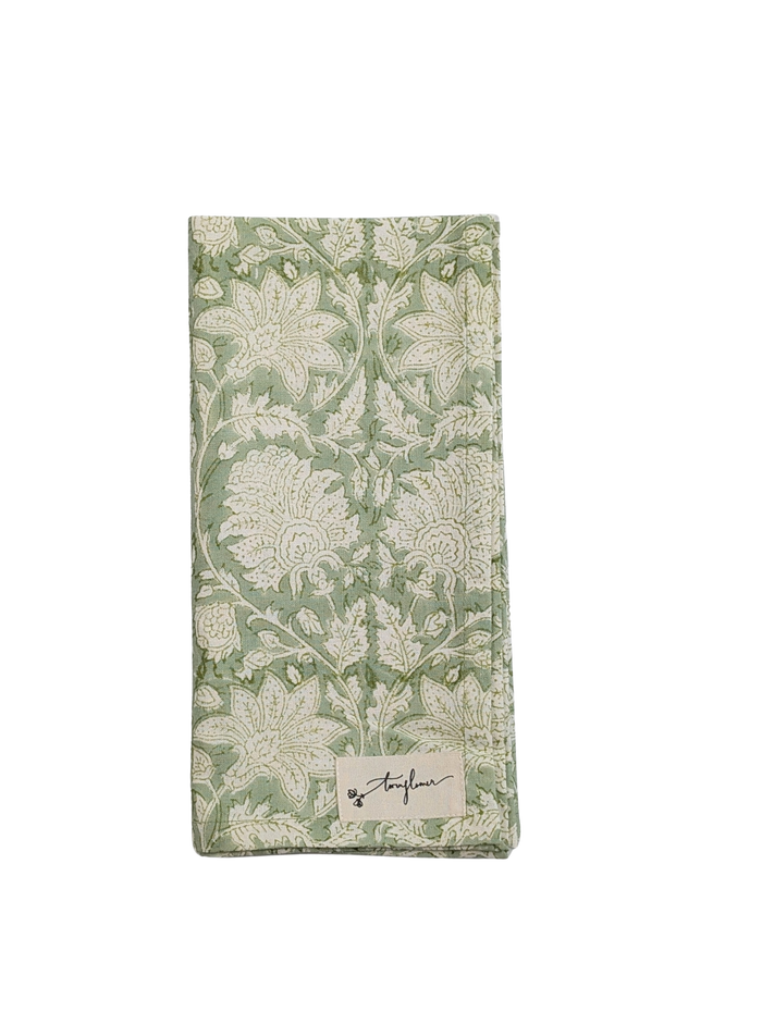 Green Floral Block Printed Cotton Napkin 50x50cm - Precious Sparkle