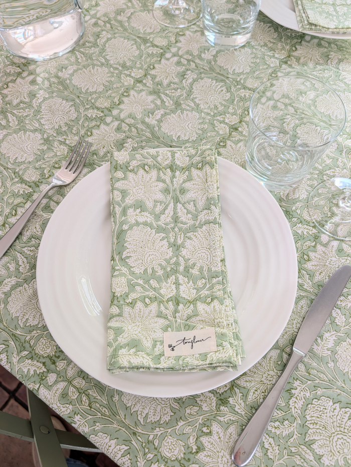 Green Floral Block Printed Cotton Napkin 50x50cm - Precious Sparkle