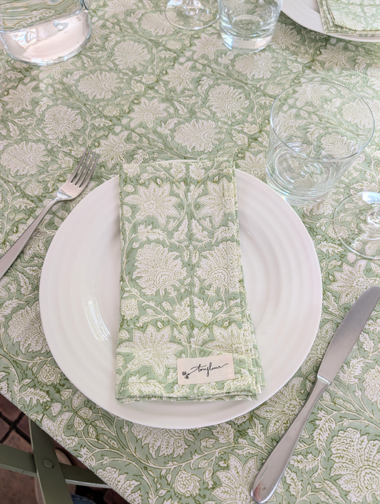 Green Floral Block Printed Cotton Table Cloth 150x230cm - Precious Sparkle