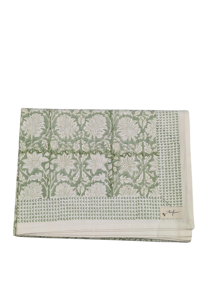 Green Floral Block Printed Cotton Table Cloth 150x230cm - Precious Sparkle