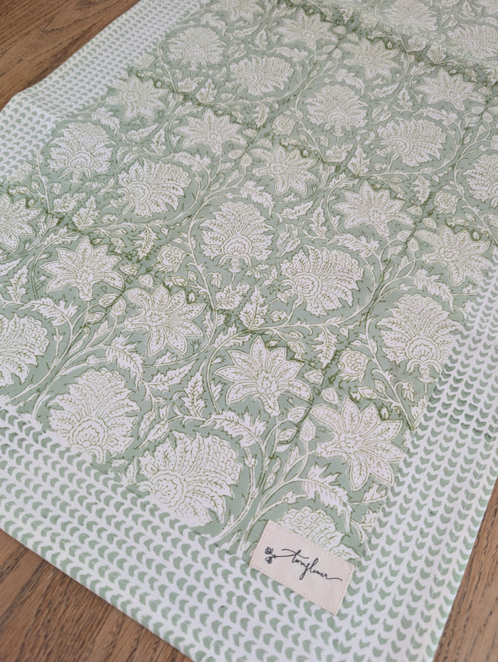 Green Floral Block Printed Cotton Table Runner 45x150cm - Precious Sparkle