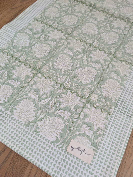 Green Floral Block Printed Cotton Table Runner 45x150cm - Precious Sparkle