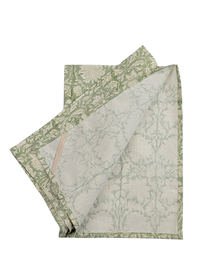 Green Floral Block Printed Cotton Tea Towel - Precious Sparkle