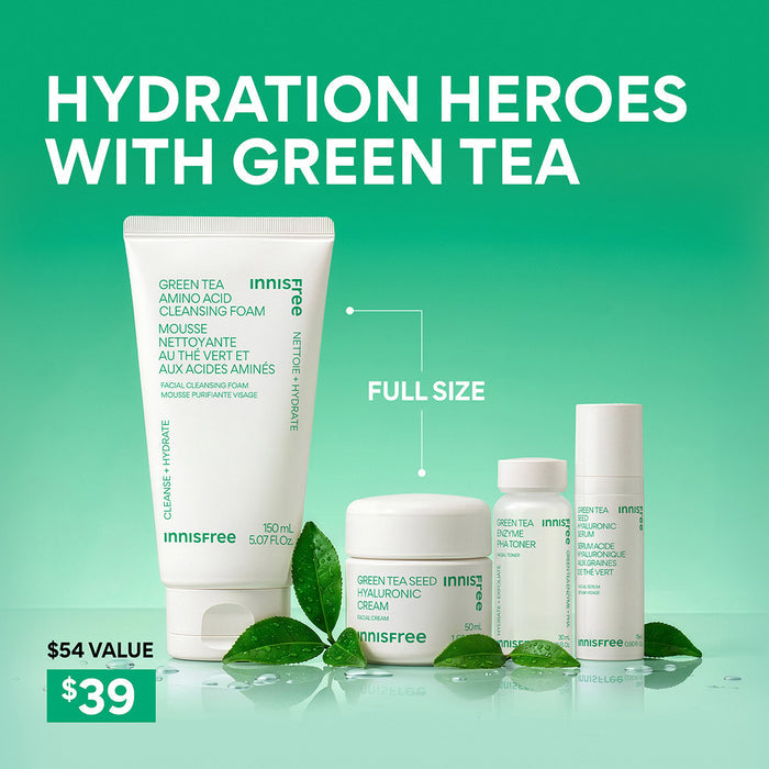 hydration heroes with green tea: full size of Green Tea Cleansing Foam and Green Tea Cream, deluxe sizes of Green Tea PHA Toner and Green Tea Serum
