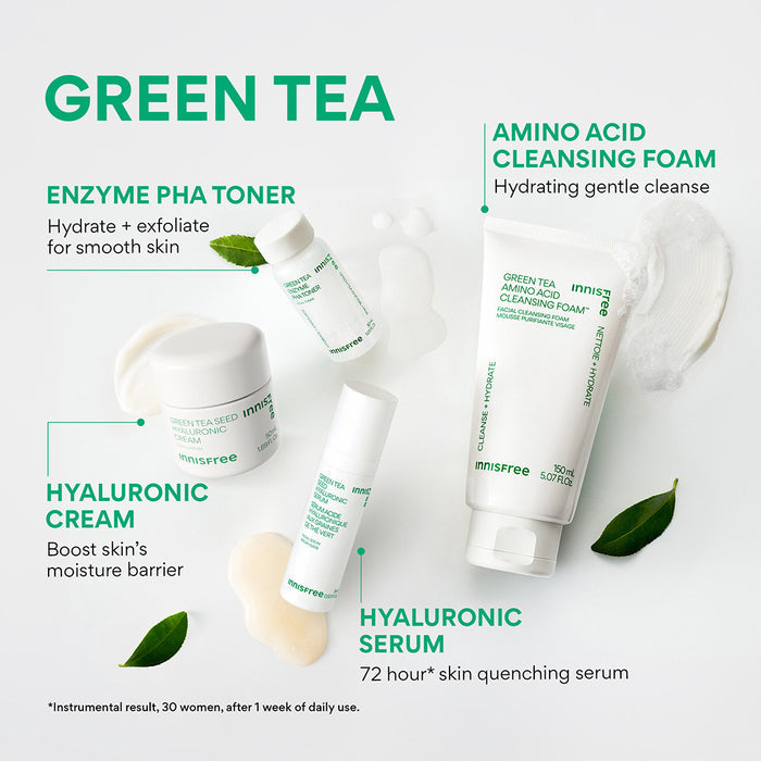 Green Tea: Enzyme PHA Toner, Amino Acid Cleansing Foam, Hyaluronic Cream, Hyaluronic Serum benefits and claims
