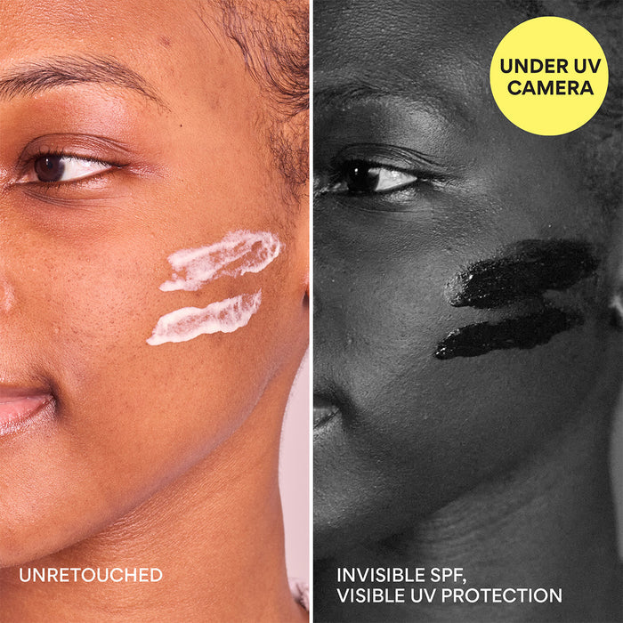 Green Tea Sunscreen Serum under UV camera - invisible SPF, visible UV protection