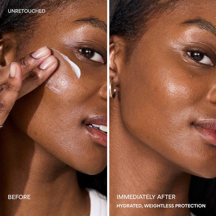Green Tea Sunscreen Serum before and immediately after hydrated, weightless protection