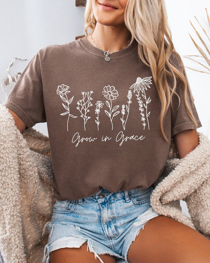 Grow In Grace Comfort Colors Christian & Flower Garment Dyed T Shirt