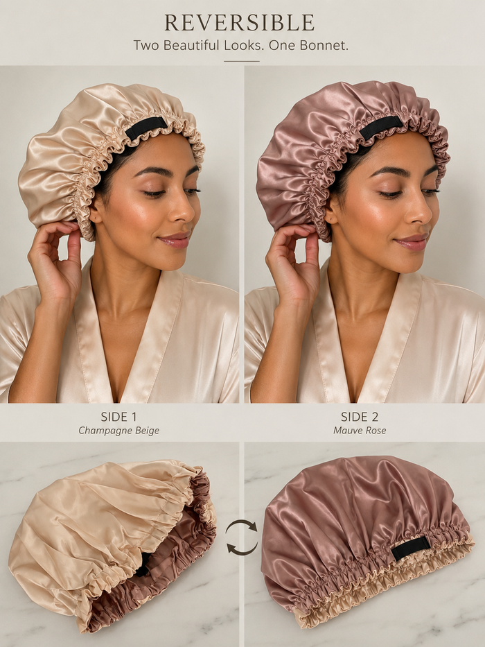 Hadaka Beauty Hair Bonnet Adjustable strap / Reversible in Champagne Beige/ Mauve Rosé