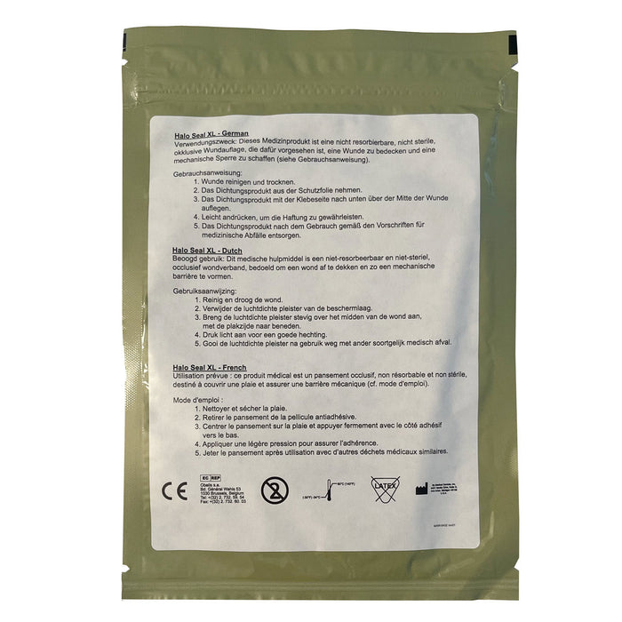 Halo XL Trauma Dressing, back of package