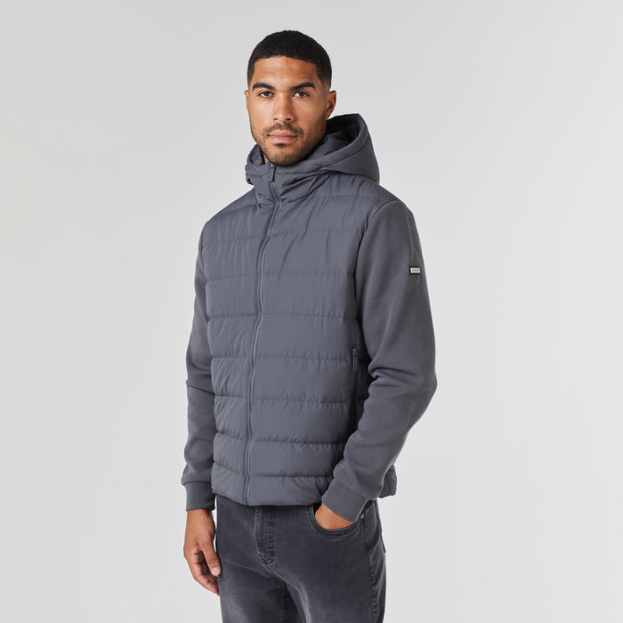 Men's  Charcoal Hooded Hybrid Jacket  Closure London  Front View