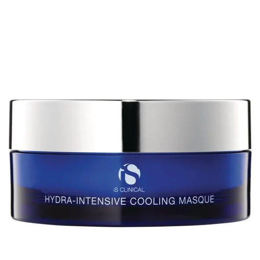 Blue jar with silver lid labelled iS Clinical Hydra-Intensive Cooling Masque on white background