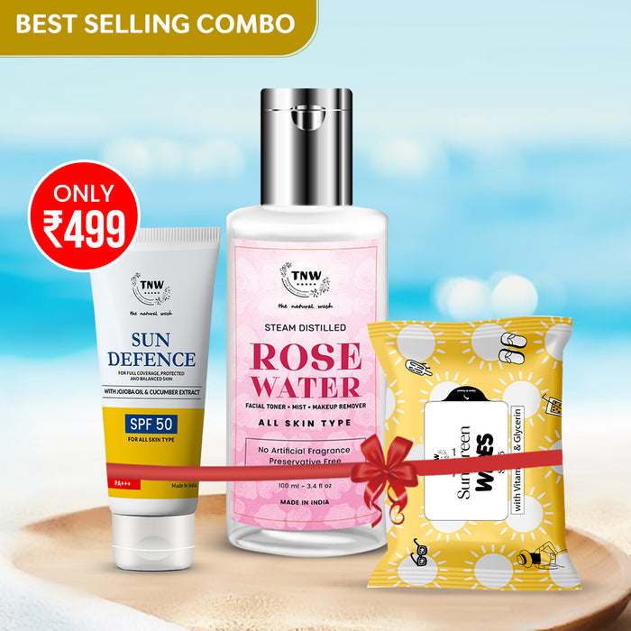 HYDRATE & CLEANSE - SUN DEFENCE SPF 50 CREAM + STEAM DISTILLED PURE ROSE WATER 100 ML + SUNSCREEN WIPES FOR REMOVING DIRT (Summer Combo)
