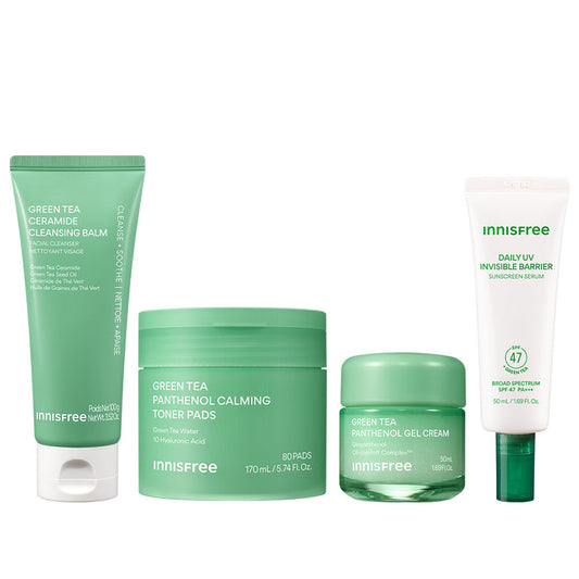 Hydrate + Soothe Set packshot featuring Green Tea Cleansing Balm, Green Tea Toner pads, Green Tea Gel Cream, and Green Tea Sunscreen Serum