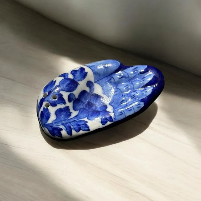 Blue ceramic hand-shaped incense stick holder by Pure Elements NIIRA, handcrafted agarbatti stand