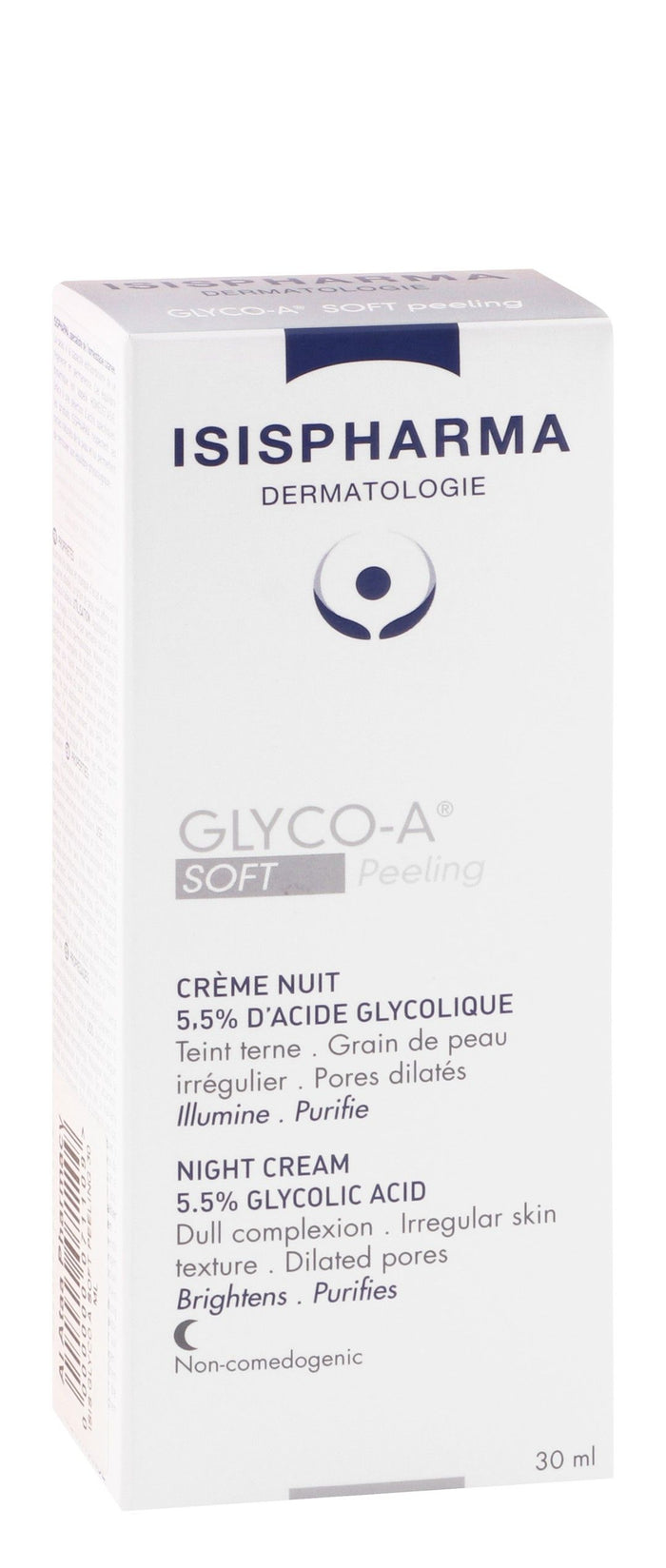 Isispharma Glyco-A Soft Peeling 5.5% Glycolic Acid Brightening & Purifying Facial Night Cream, 30ml - Makkah Pharmacy