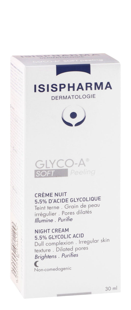Isispharma Glyco-A Soft Peeling 5.5% Glycolic Acid Brightening & Purifying Facial Night Cream, 30ml - Makkah Pharmacy