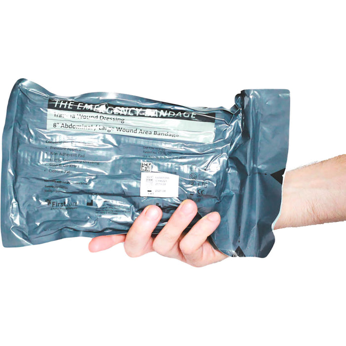 Israeli Abdominal Emergency Bandage, Green, 8" Wide with 12"X12" Pad & Pressure Bar by PerSys Medical  in package front side