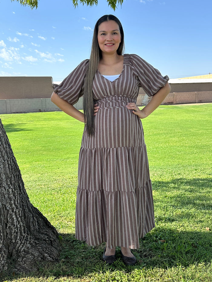 Juliana Stripe Smocked V Neck Half Sleeve Tiered Midi Dress
