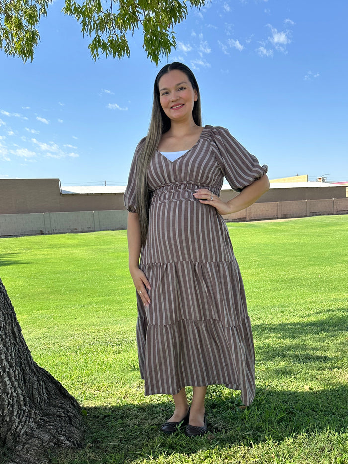 Juliana Stripe Smocked V Neck Half Sleeve Tiered Midi Dress