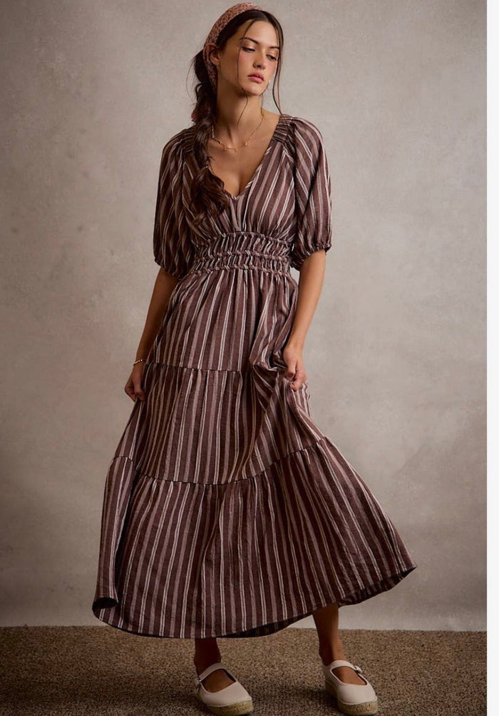 Juliana Stripe Smocked V Neck Half Sleeve Tiered Midi Dress