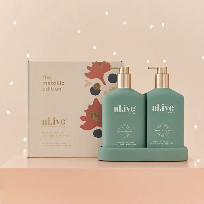 al.ive body Kaffir Lime & Green Tea - Hand & Body Wash/Lotion Duo Metallic Christmas Duo