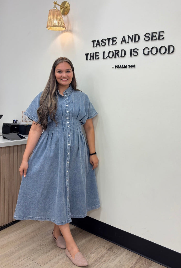 Karina’s Stretchy Button-Down Denim
Pleated Midi Dress